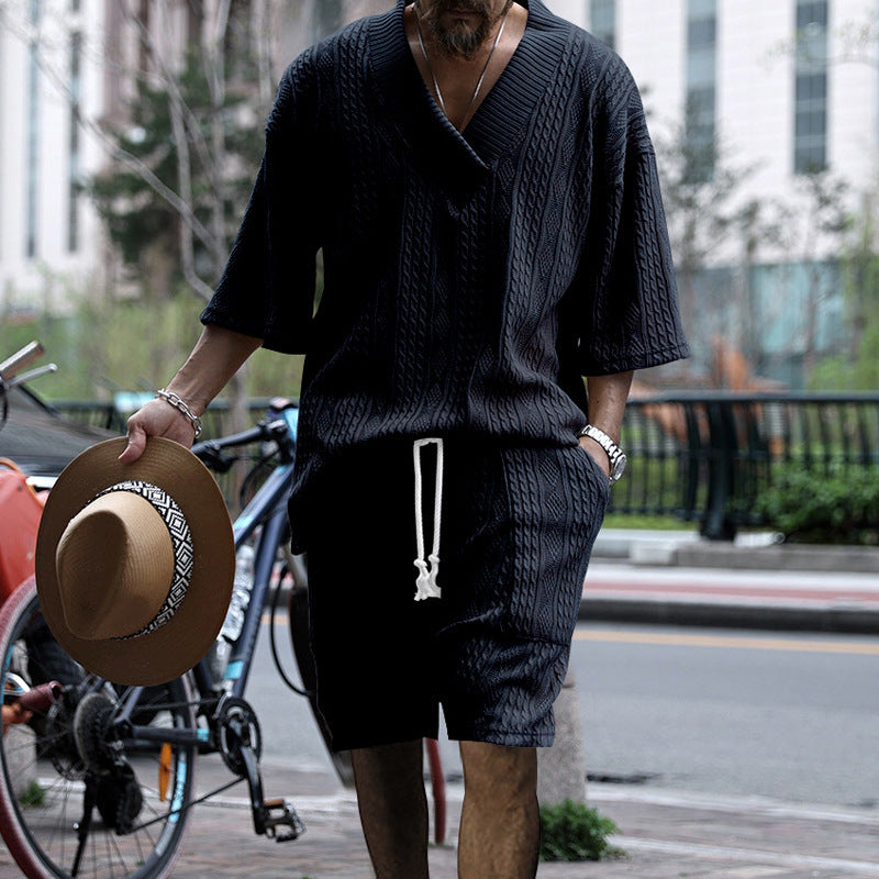 Men's Casual Loose Jacquard Knitwear Shorts Suit