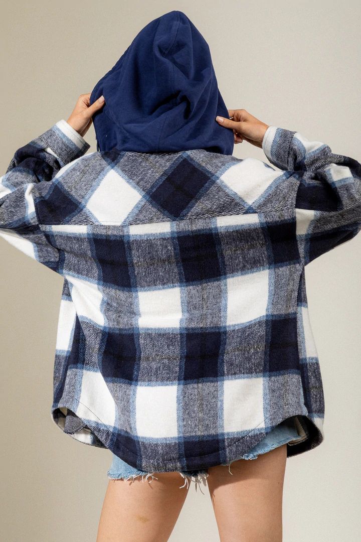 Women's Fashion Hooded Plaid Shirt Woolen Coat