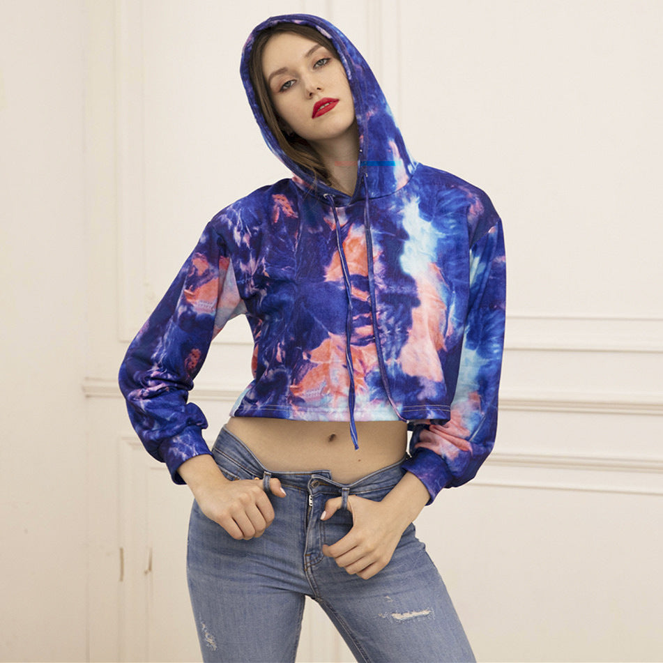 New Tie-dyed Printed Hooded Cropped Sweater For Women