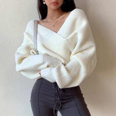 Loose Cross Sweater Women's Off-shoulder Sweater Top