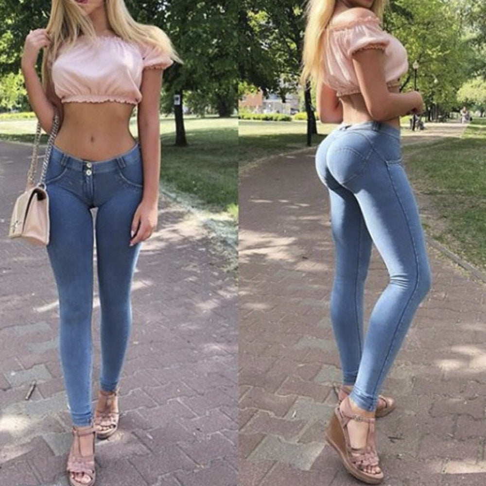 Love Hip Shaping Yoga Pants Mid-Waist Denim Pants Four-Way Stretch