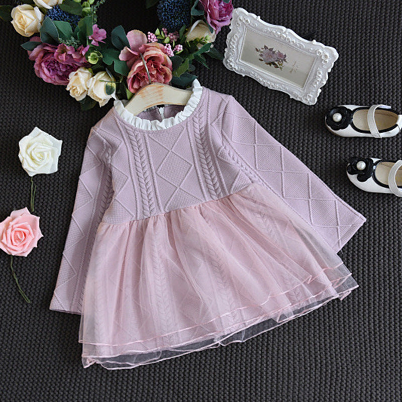 Girls' Dresses With Long Sleeves Splicing Mesh Tulle Tutu