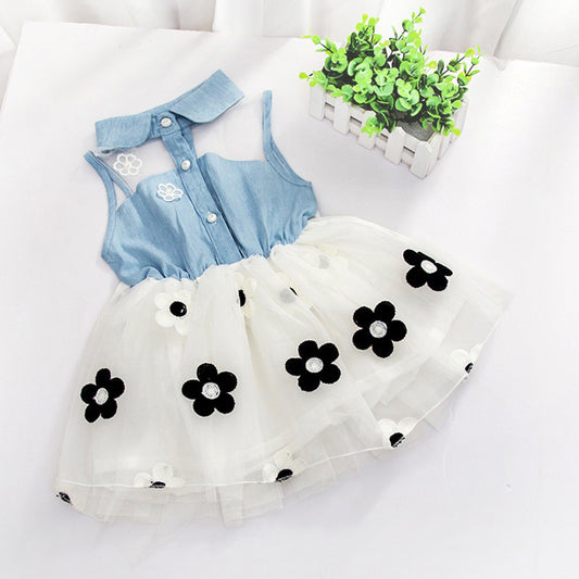 Girls' Dresses, Summer Children'S Korean Denim Skirts, Pure Color Flower Mesh Skirts, Baby Princess Puffy Skirts