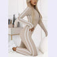 Autumn And Winter Women's Slim Striped Half Zipper Jumpsuit