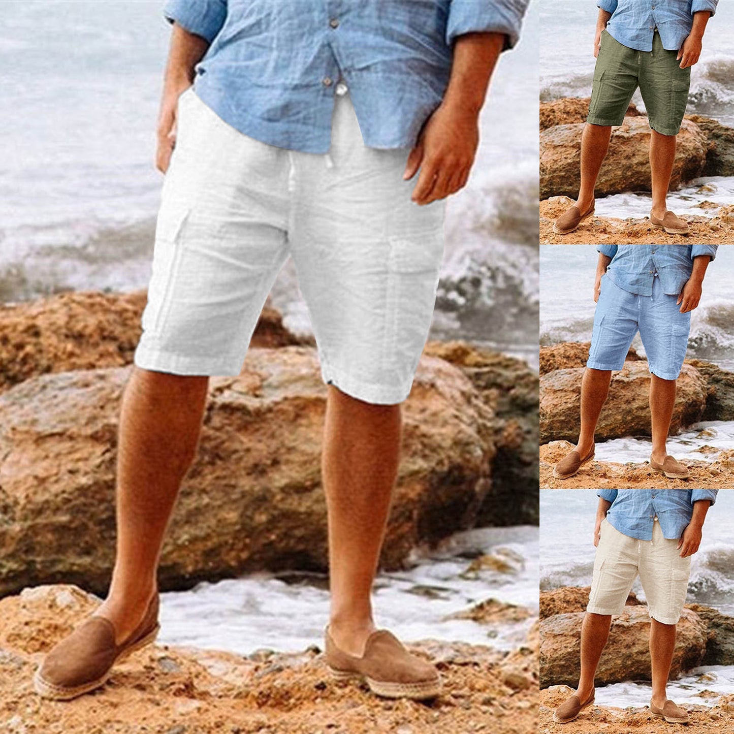 Men's Casual Vacation Beach Hawaiian Cotton Linen Multi-pocket Workwear Shorts