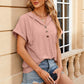 New Solid Color Hooded Button T-shirt Loose Hollow Design Short-sleeved Top For Womens Clothing