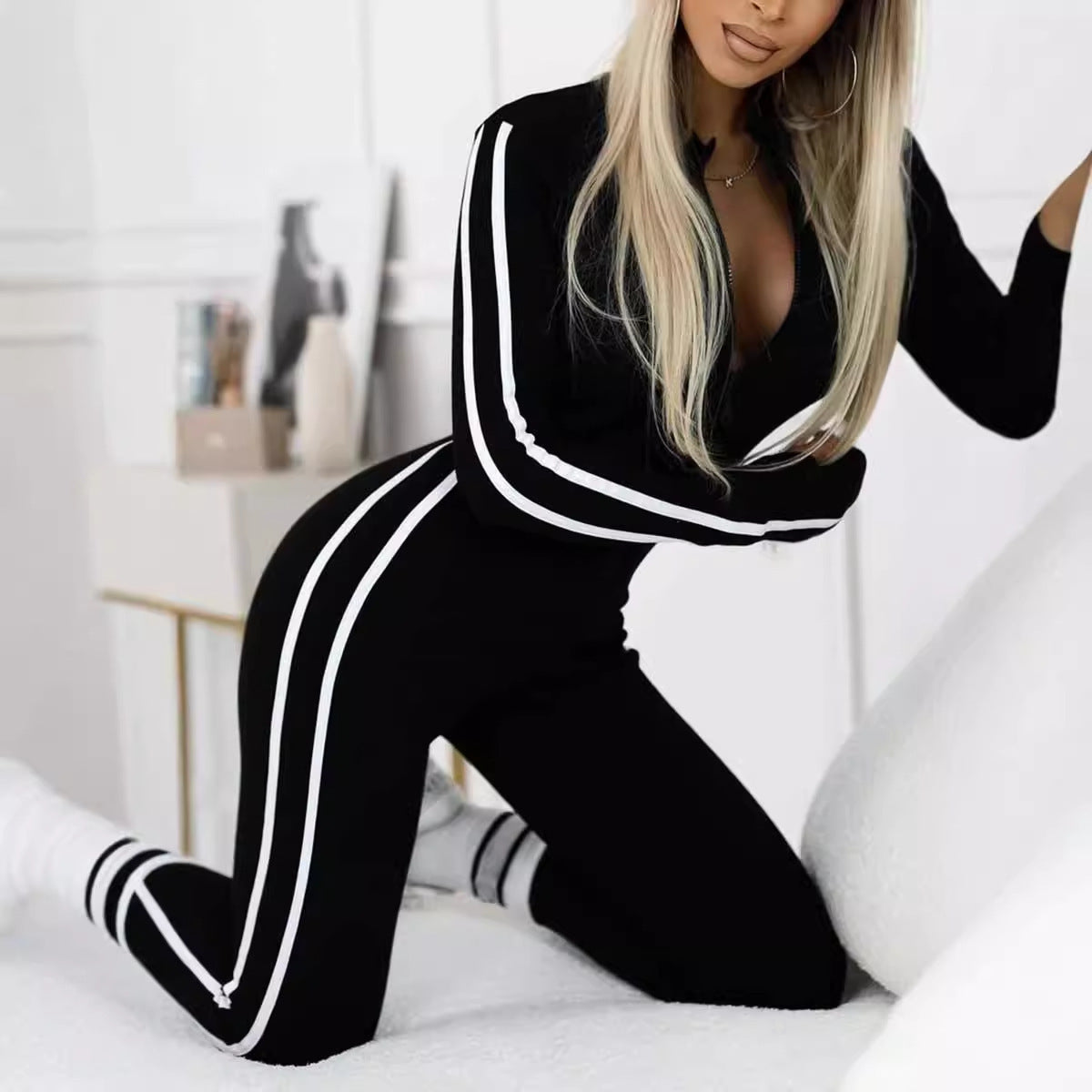 Autumn And Winter Women's Slim Striped Half Zipper Jumpsuit