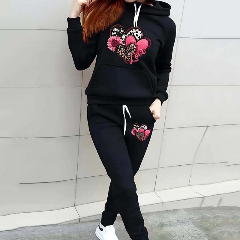 Leopard Print Heart Print Women's Casual Sports Suit Hooded Sweater