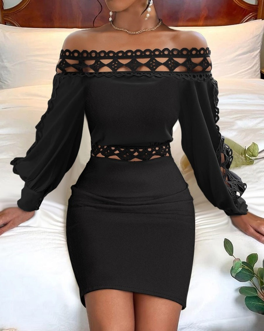 Lace Long Sleeve Narrow Waist Dress Women's Clothing