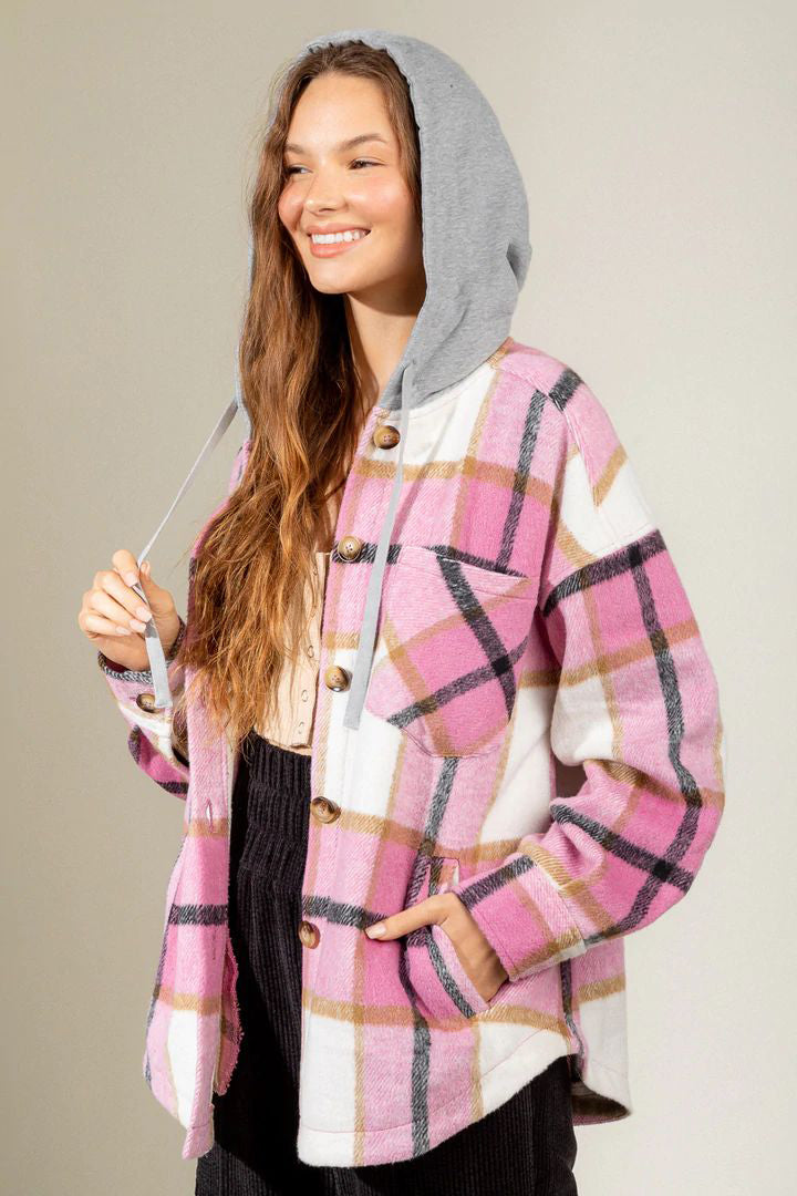 Women's Fashion Hooded Plaid Shirt Woolen Coat