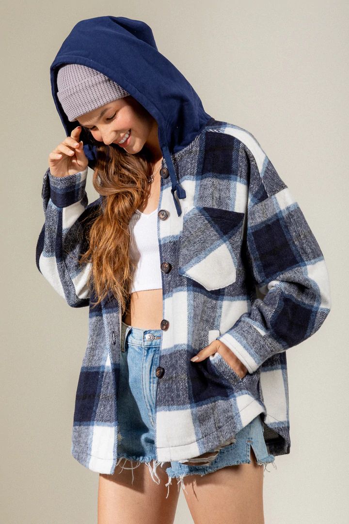 Women's Fashion Hooded Plaid Shirt Woolen Coat