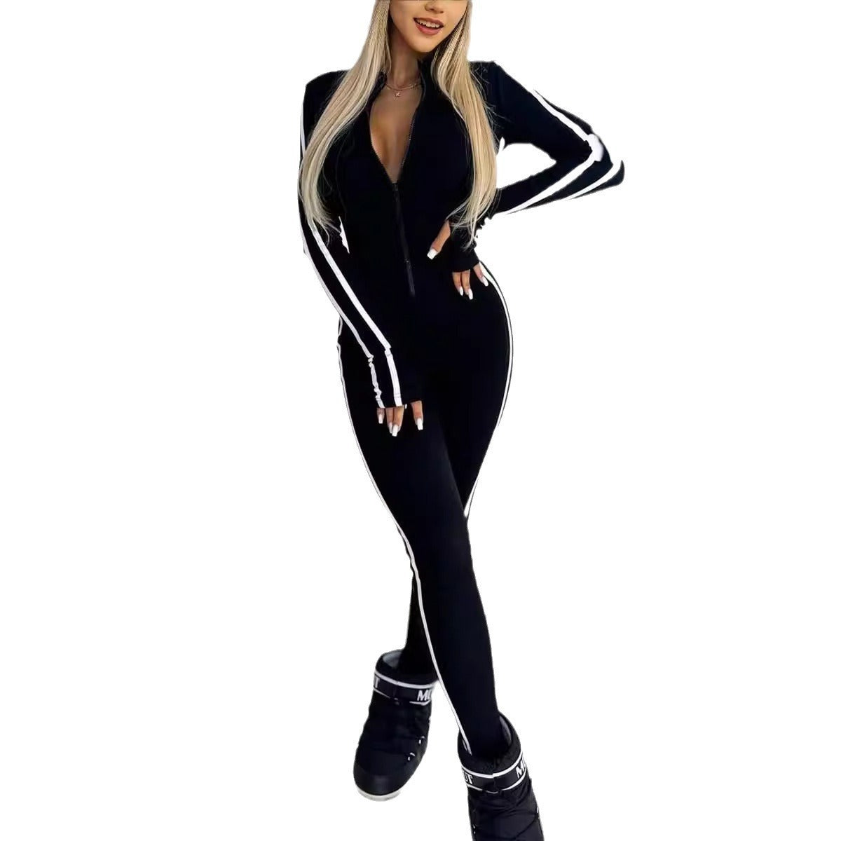 Autumn And Winter Women's Slim Striped Half Zipper Jumpsuit