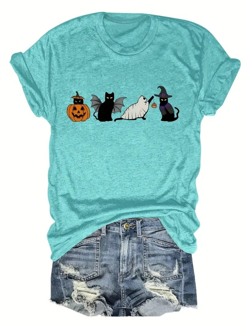 Halloween Black Cat And Pumpkin Printed Round Neck Short Sleeve