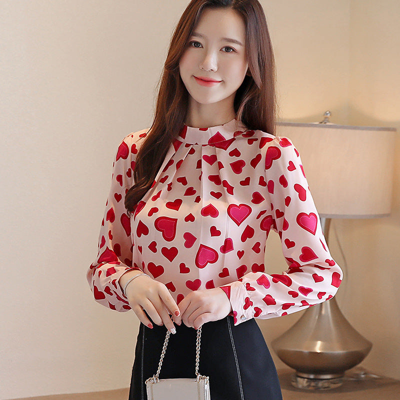 Womens Pullover Print Top Stand Collar Loose Chiffon Shirt