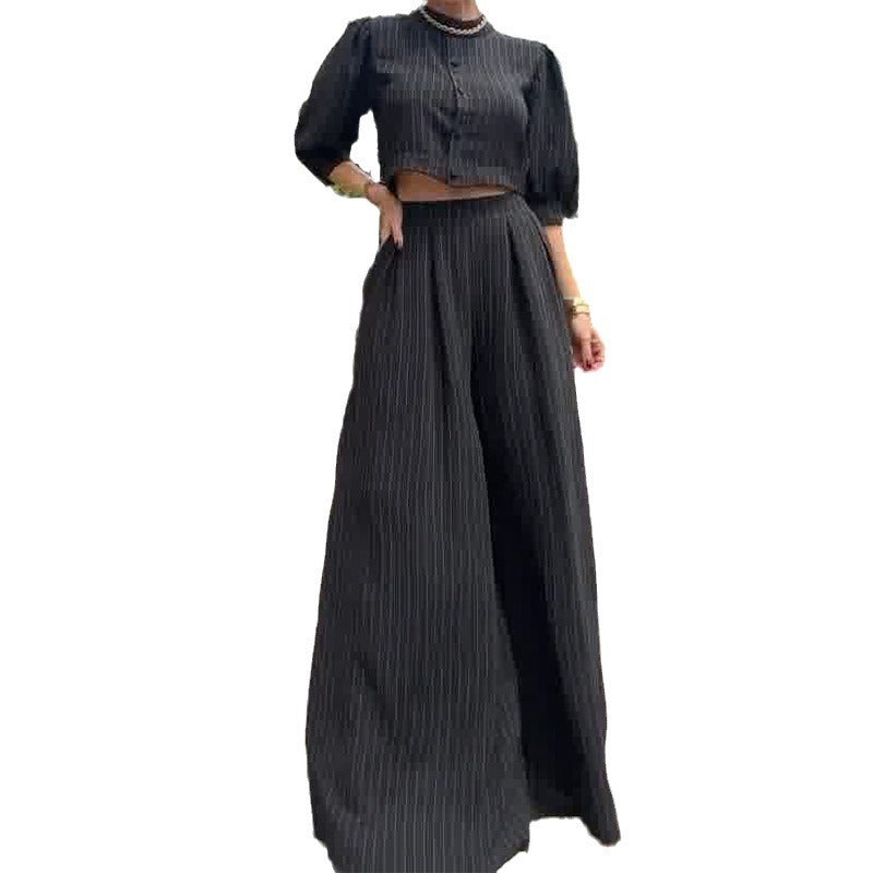 Women's Fashion Striped Printed Crew Neck Top Wide-leg Pants Two-piece Set