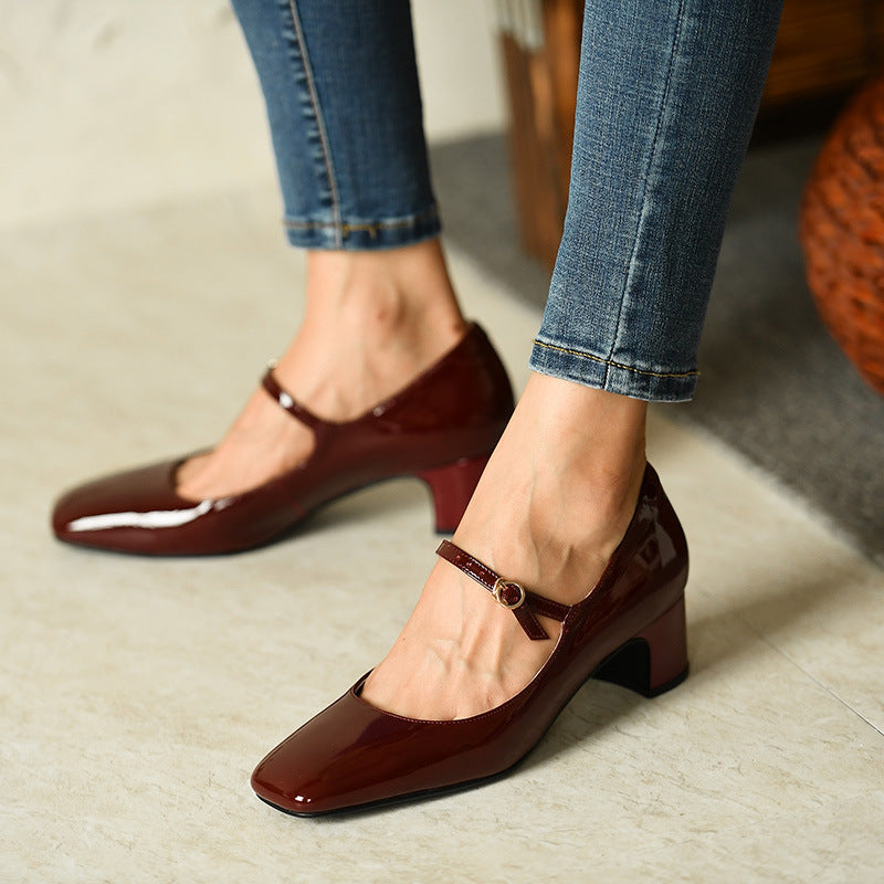 Women's Burgundy Leather Squared Toe Shoes