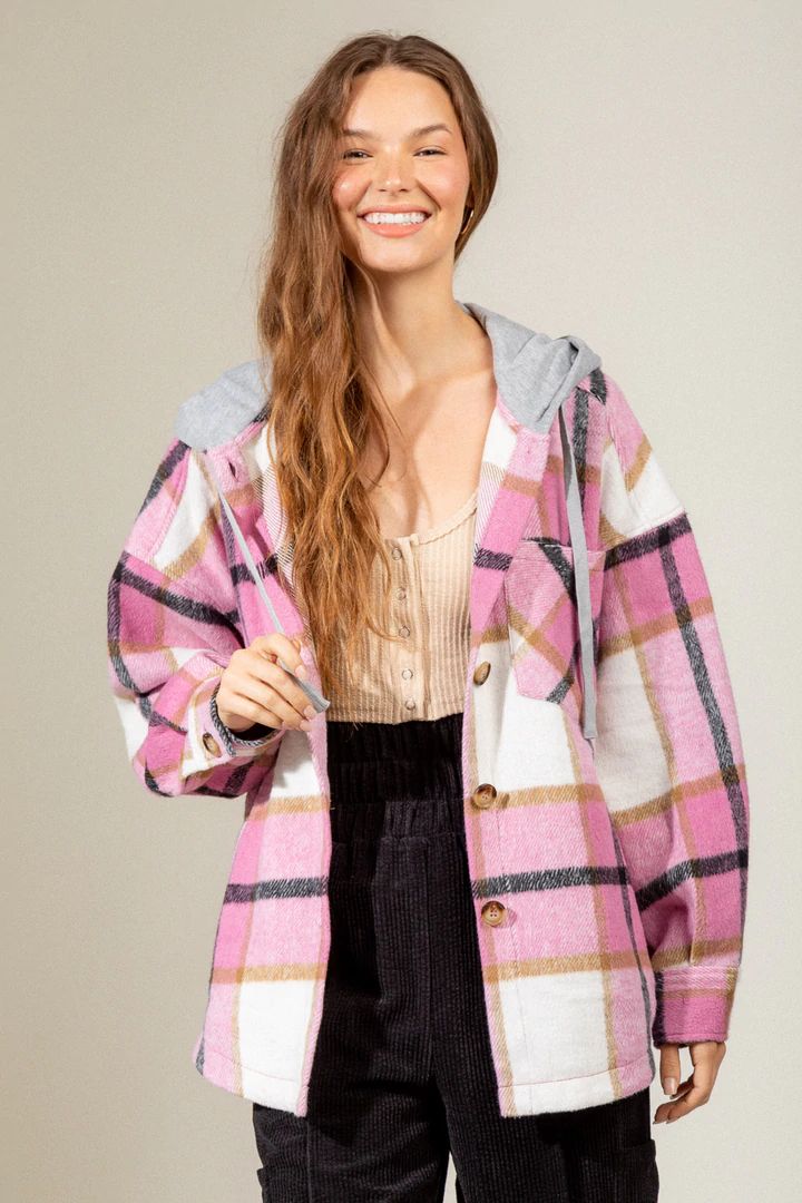 Women's Fashion Hooded Plaid Shirt Woolen Coat