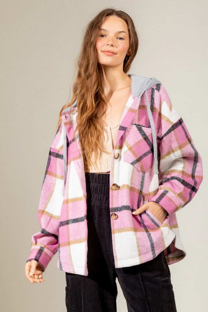 Women's Fashion Hooded Plaid Shirt Woolen Coat