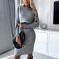 Women's Solid Stripe Long-sleeved 2pcs Suit. Top And Dress.  Autumn/Winter Slim Flitting Clothing