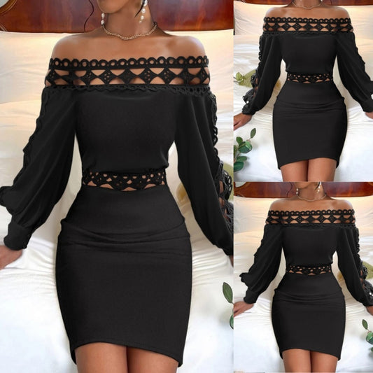 Lace Long Sleeve Narrow Waist Dress Women's Clothing