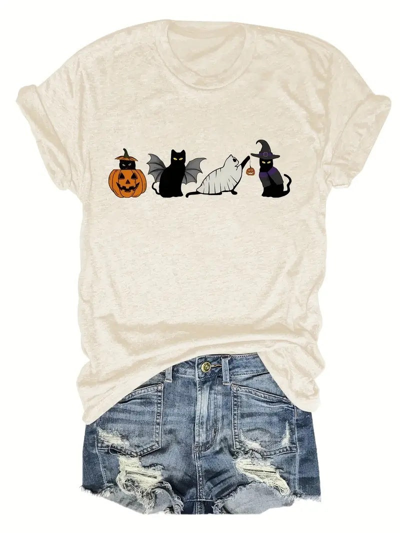 Halloween Black Cat And Pumpkin Printed Round Neck Short Sleeve