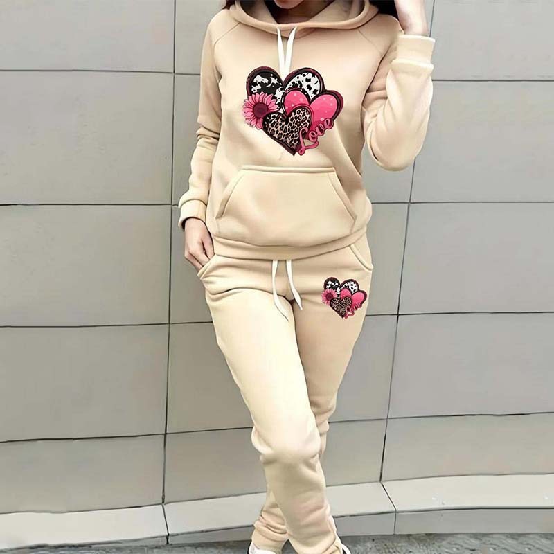 Leopard Print Heart Print Women's Casual Sports Suit Hooded Sweater