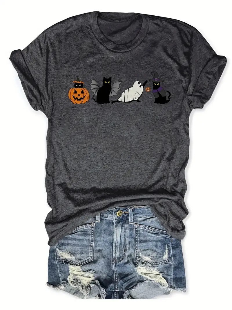 Halloween Black Cat And Pumpkin Printed Round Neck Short Sleeve