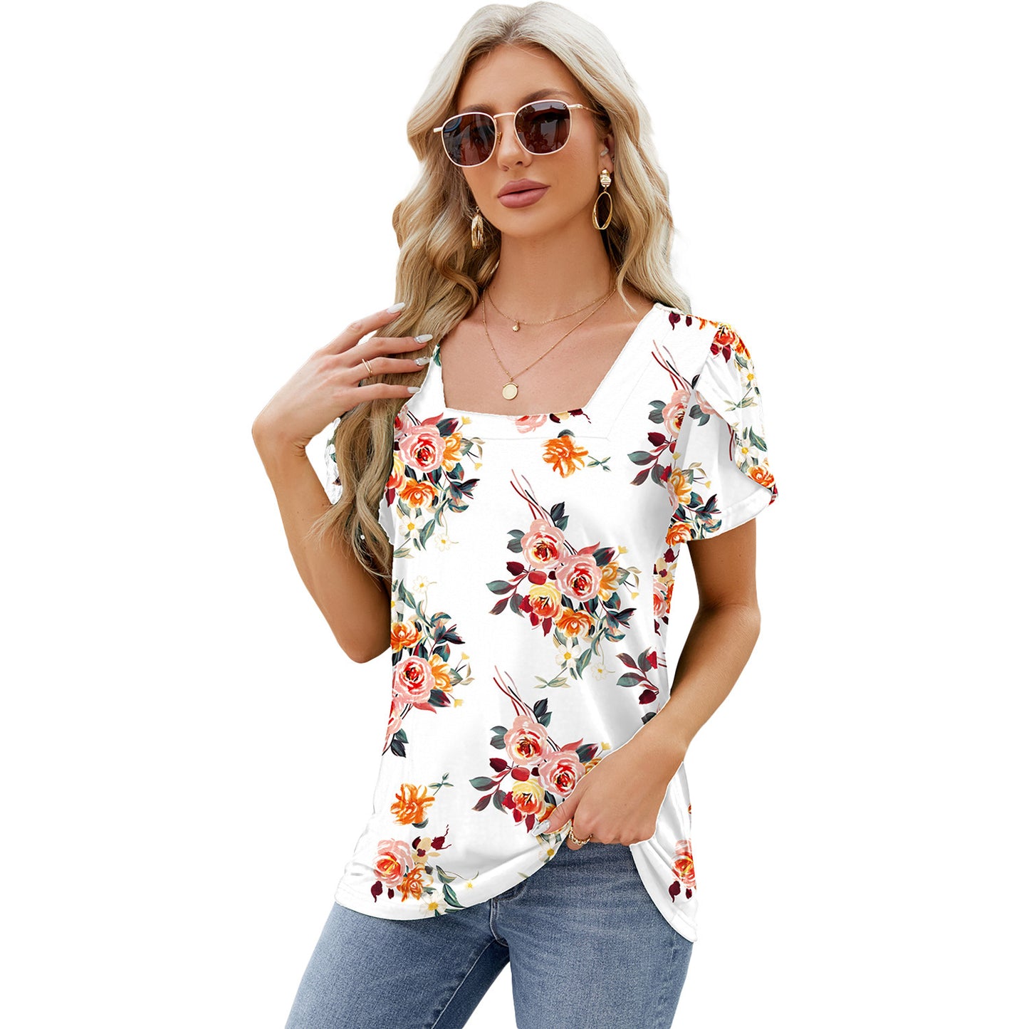 Summer Top Fashion Square Neck Printed Short-sleeved T-shirt With Petal Sleeve Design Bohemian Beach Loose T-shirt For Womens Clothing