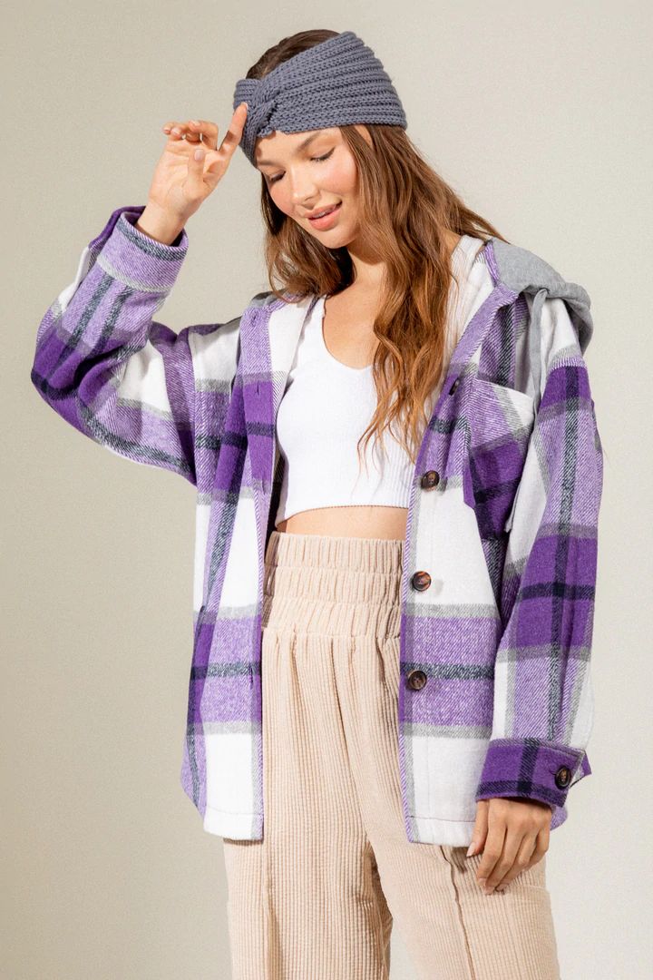 Women's Fashion Hooded Plaid Shirt Woolen Coat