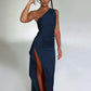 Sexy One-shoulder Backless Split Dress Summer Elegant Slim-fit Solid Color Satin Dresses For Women