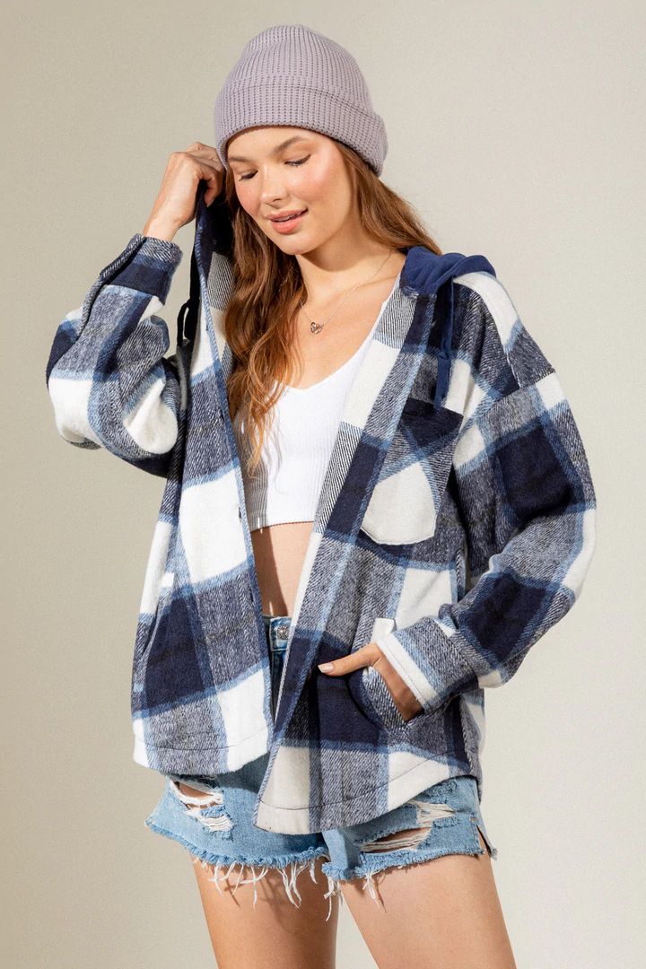 Women's Fashion Hooded Plaid Shirt Woolen Coat