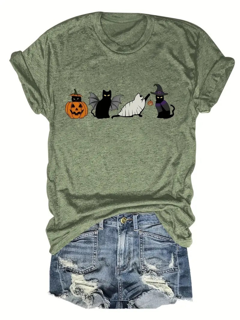 Halloween Black Cat And Pumpkin Printed Round Neck Short Sleeve