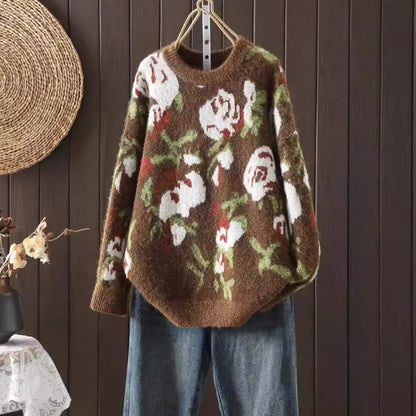 Round Neck Floral Printed Literary Pullover Sweater Women's Top