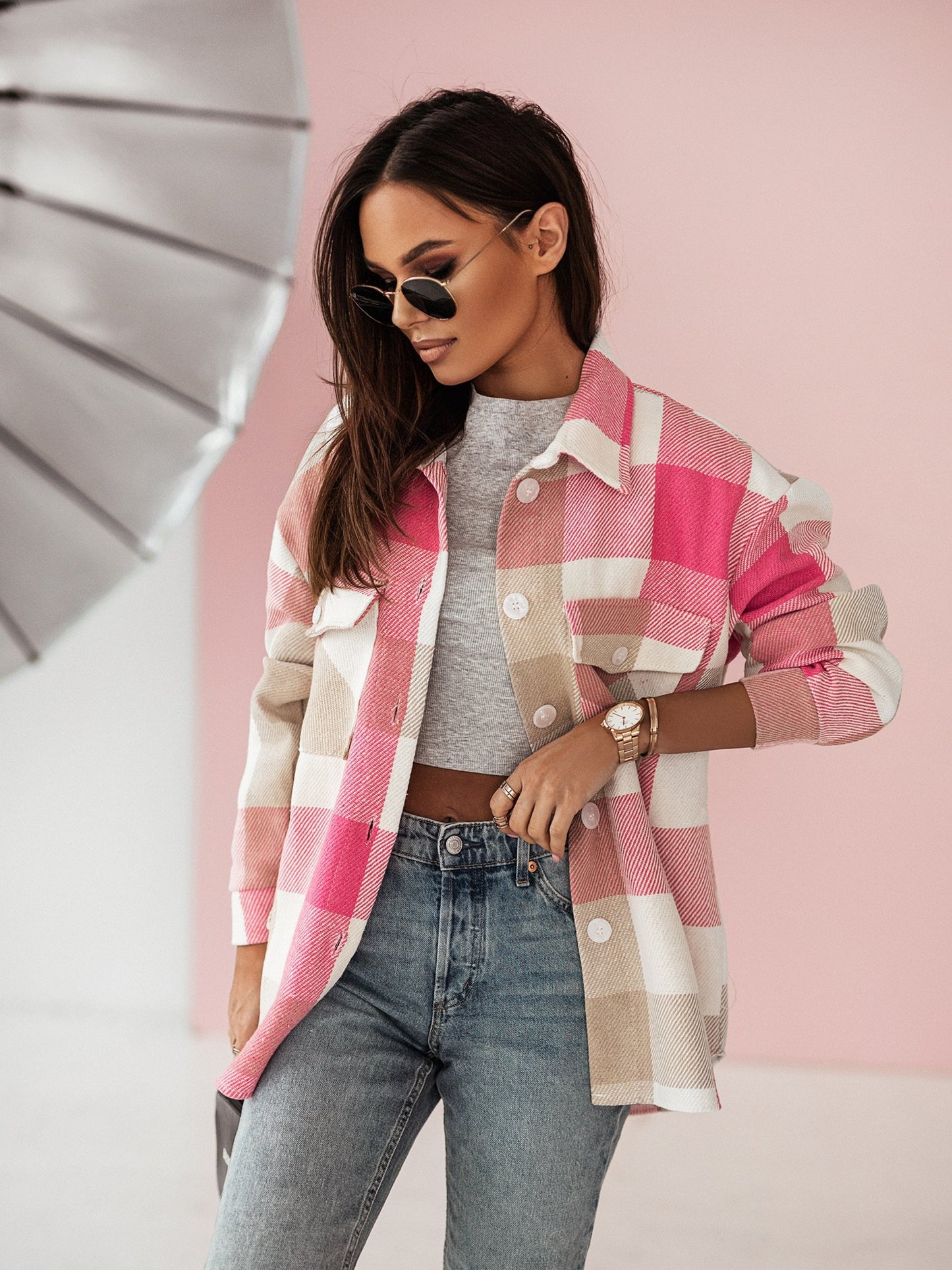 Women's Fashionable Color Plaid Shirt Brushed Woolen Coat