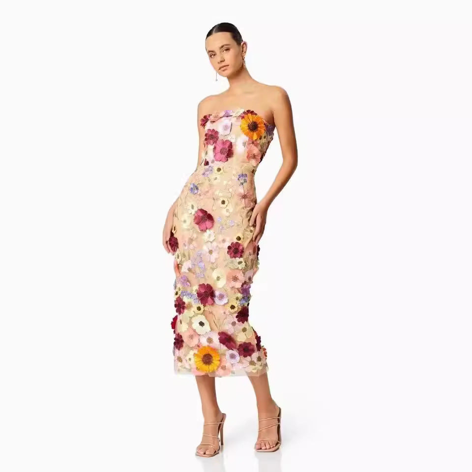 Sexy 3 dimensional Embroidered Tube Top Dress