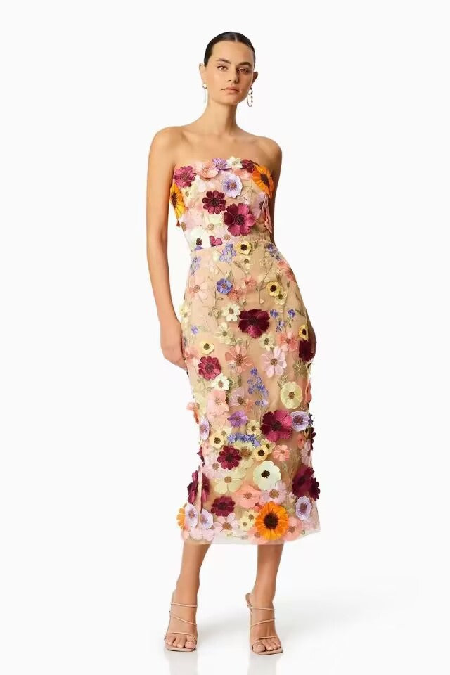 Sexy 3 dimensional Embroidered Tube Top Dress