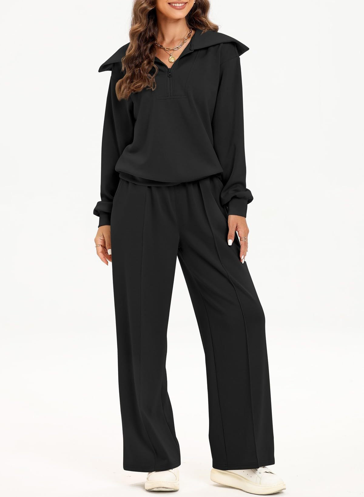 Women's Half Long-sleeve Zipper Top Elastic Waist Wide Leg Trousers Two-piece Set