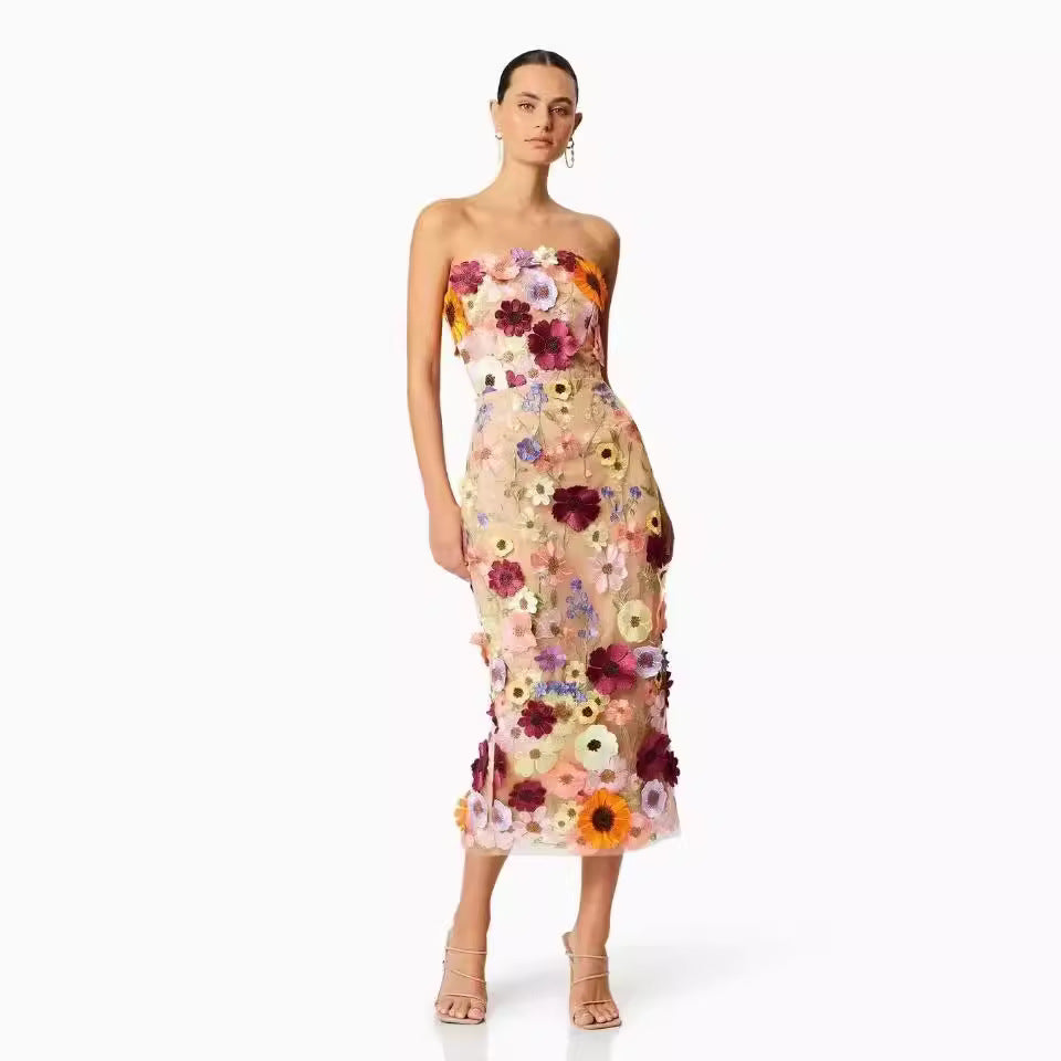 Sexy 3 dimensional Embroidered Tube Top Dress