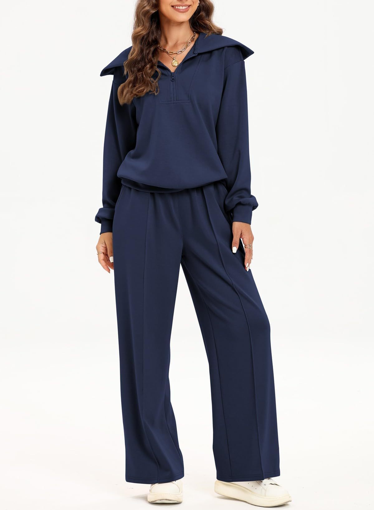 Women's Half Long-sleeve Zipper Top Elastic Waist Wide Leg Trousers Two-piece Set