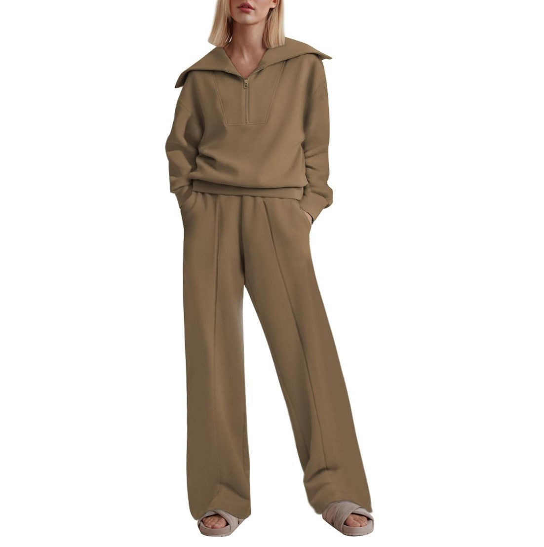 Women's Half Long-sleeve Zipper Top Elastic Waist Wide Leg Trousers Two-piece Set