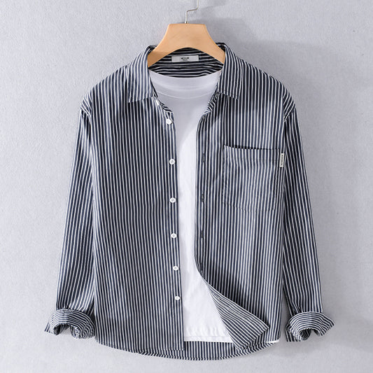 Japanese Men's Shirt Striped Autumn Blue Casual Korean Coat