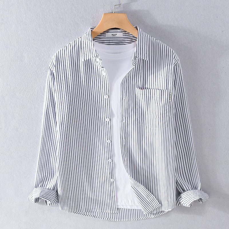 Japanese Men's Shirt Striped Autumn Blue Casual Korean Coat