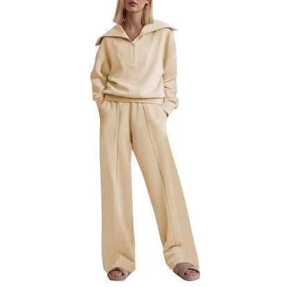 Women's Half Long-sleeve Zipper Top Elastic Waist Wide Leg Trousers Two-piece Set