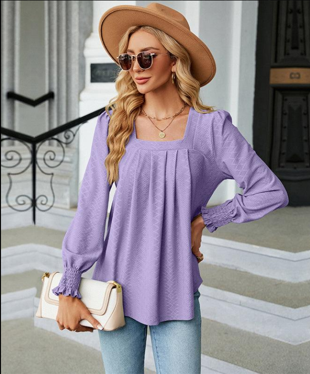 New Jacquard Pleated Square Neck T-shirt Fashion Solid Color Long Sleeve Pullover Tops Womens Clothing