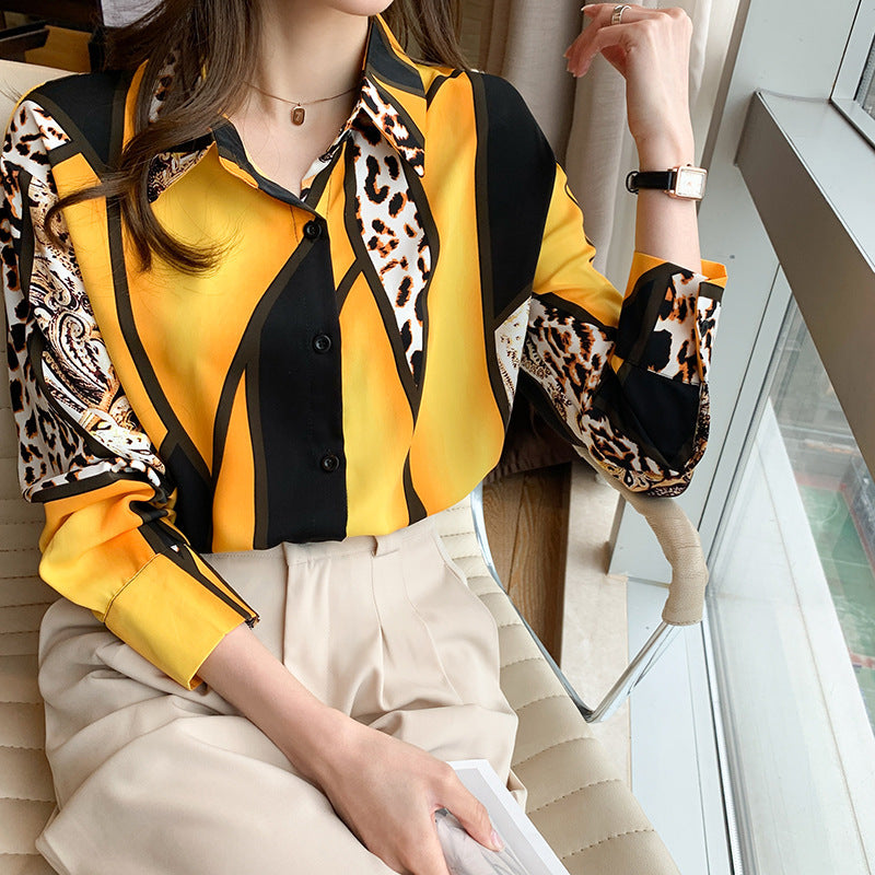 Westernstyle Allmatch Color Contrast Leopard Print Long Sleeved Chiffon Shirt Womens Top