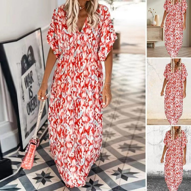 Summer Printed V-neck Short Sleeve Women's Loose Dress