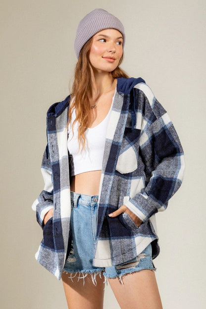 Women's Fashion Hooded Plaid Shirt Woolen Coat