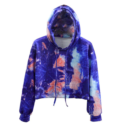 New Tie-dyed Printed Hooded Cropped Sweater For Women