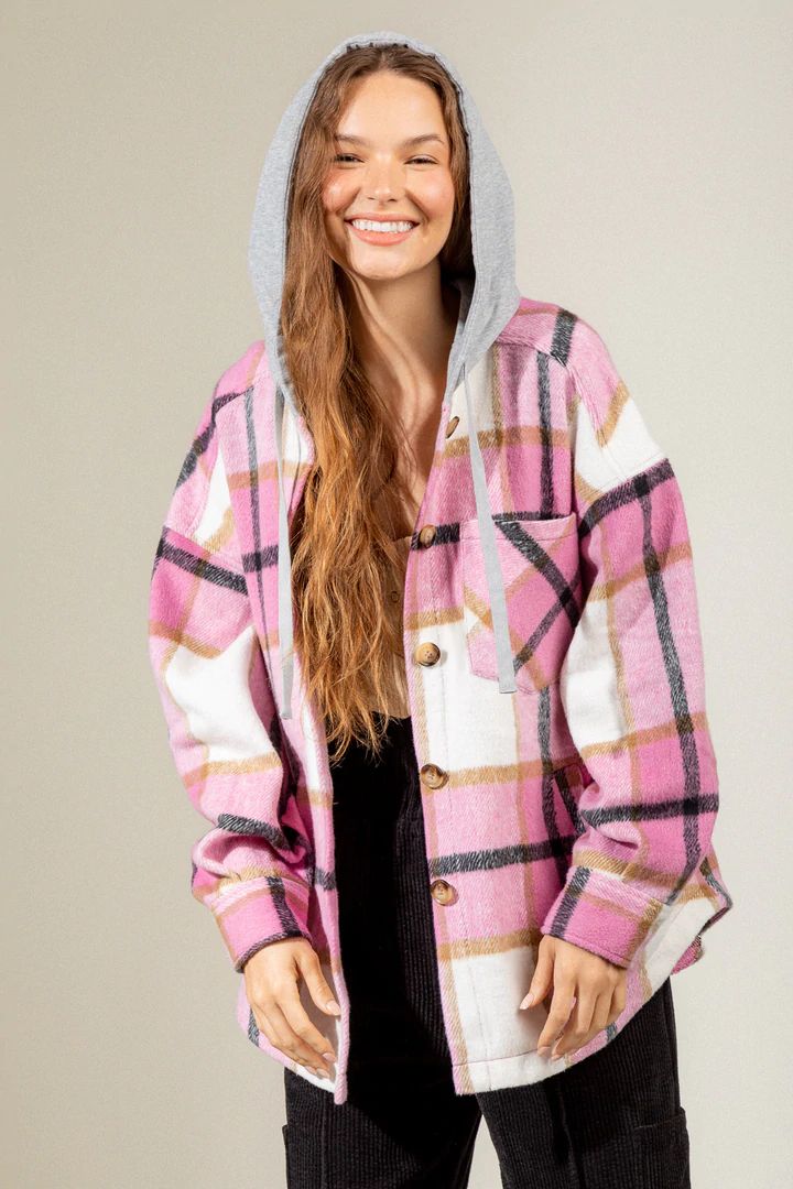 Women's Fashion Hooded Plaid Shirt Woolen Coat