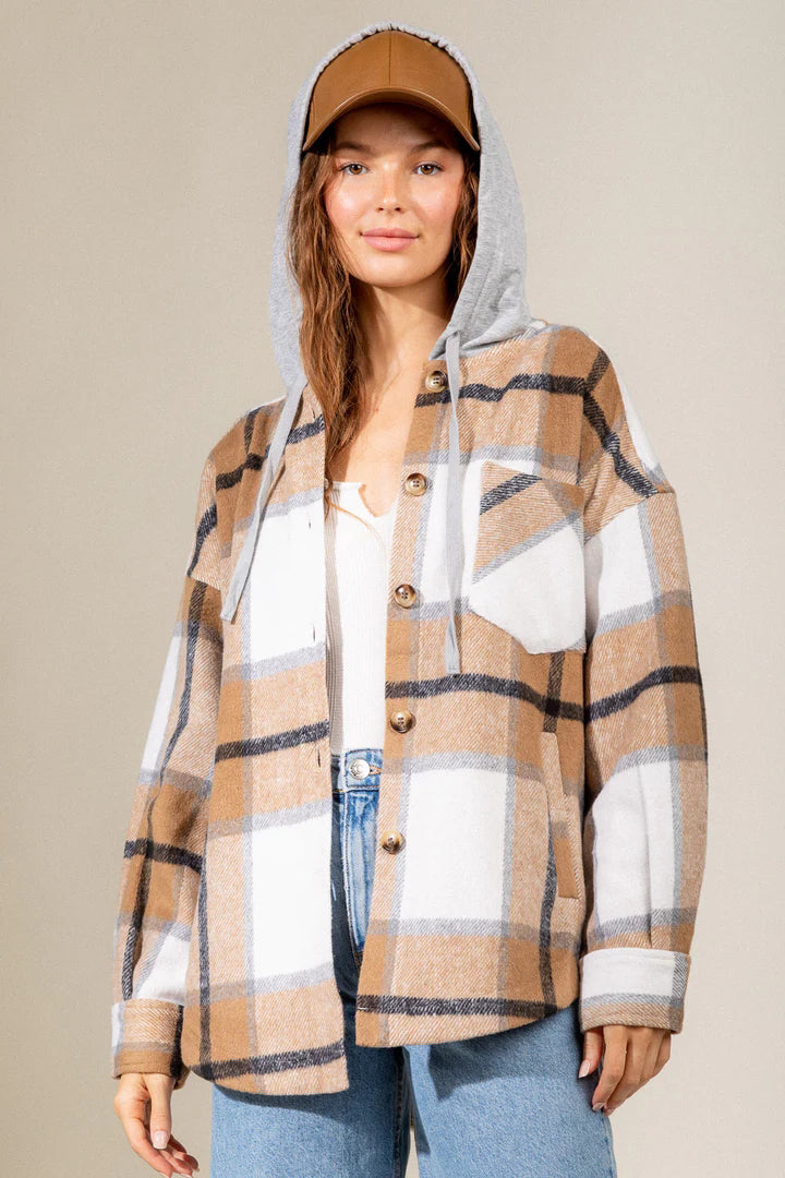 Women's Fashion Hooded Plaid Shirt Woolen Coat